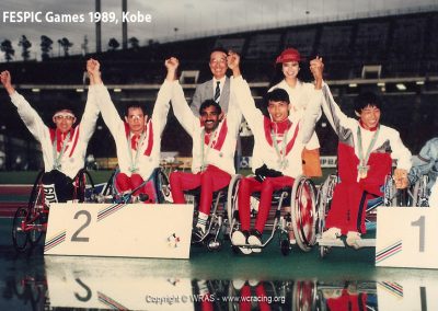 Derek Yzelman, Raja Singh, Tan Kian Meng, Tang See Chong winning silver at FESPIC Games, Kobe 1989